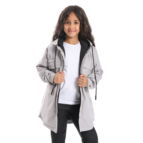 Press Button Closure Hoodie Neck Girls Jacket - Light Grey