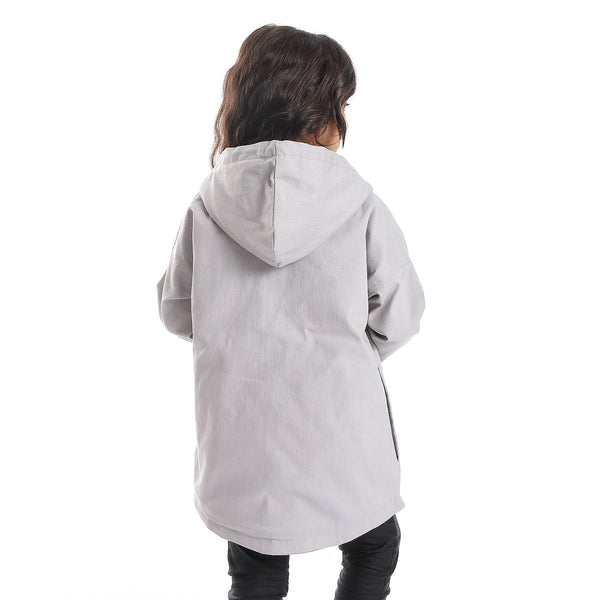 Press Button Closure Hoodie Neck Girls Jacket - Light Grey