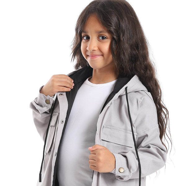 Press Button Closure Hoodie Neck Girls Jacket - Light Grey