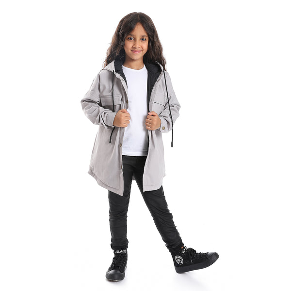 Press Button Closure Hoodie Neck Girls Jacket - Light Grey