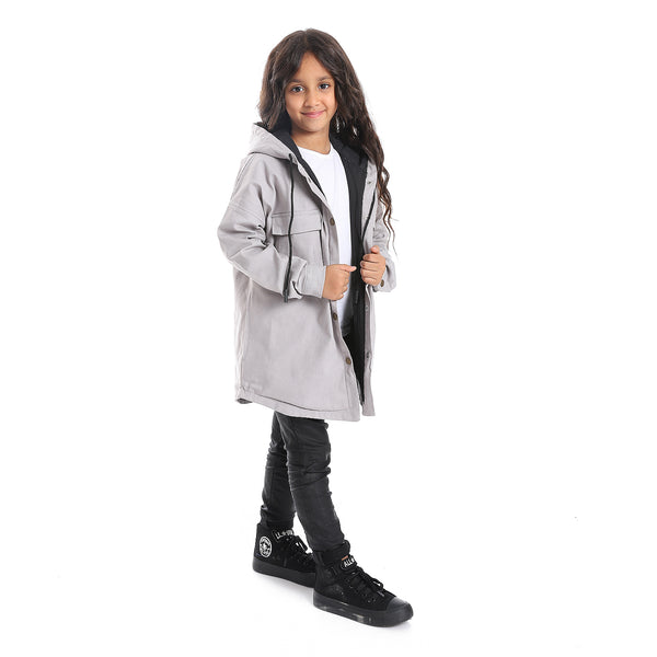 Press Button Closure Hoodie Neck Girls Jacket - Light Grey