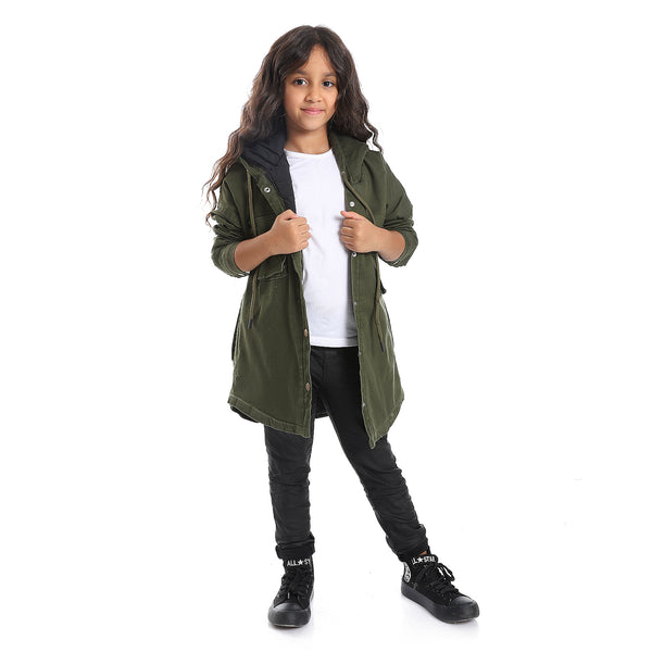 Press Button Closure Hoodie Neck Girls Jacket - Olive Green