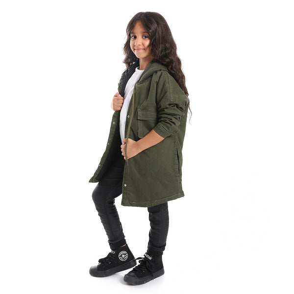 Press Button Closure Hoodie Neck Girls Jacket - Olive Green