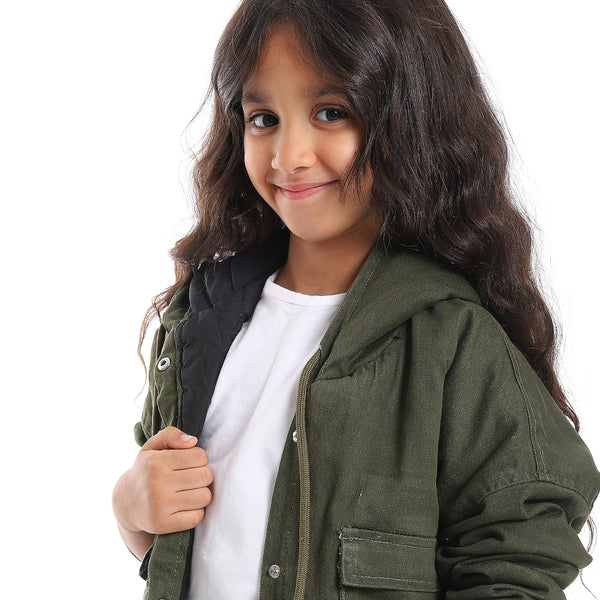 Press Button Closure Hoodie Neck Girls Jacket - Olive Green