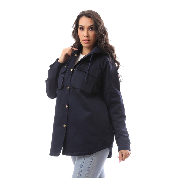 Navy Blue Fly Zipper Polyester Jacket