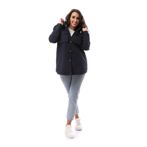 Navy Blue Fly Zipper Polyester Jacket