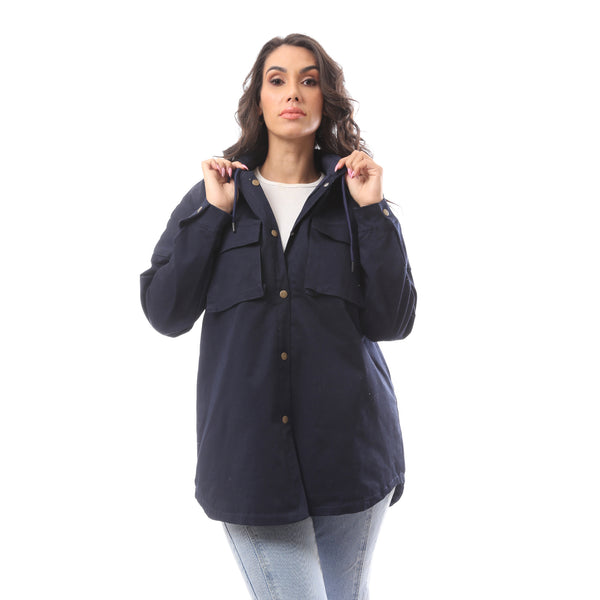 Navy Blue Fly Zipper Polyester Jacket