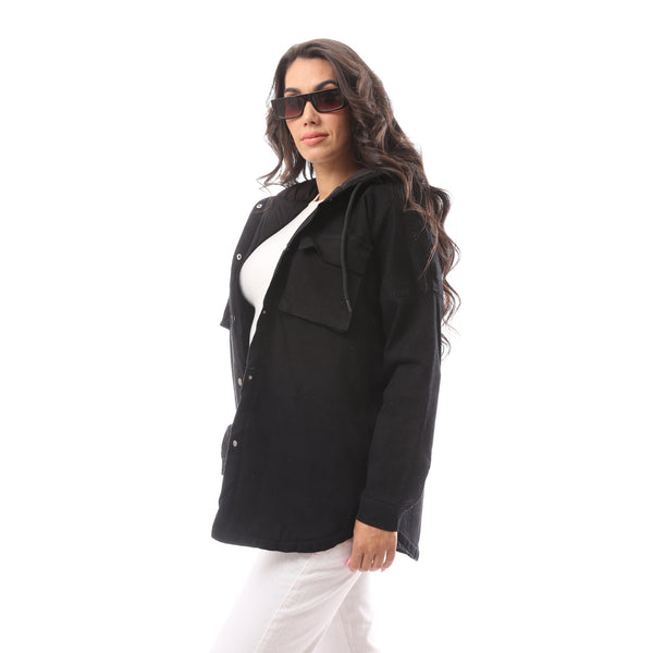 Polyester Buttoned Black Jacket With Pockets