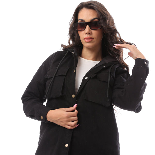 Polyester Buttoned Black Jacket With Pockets