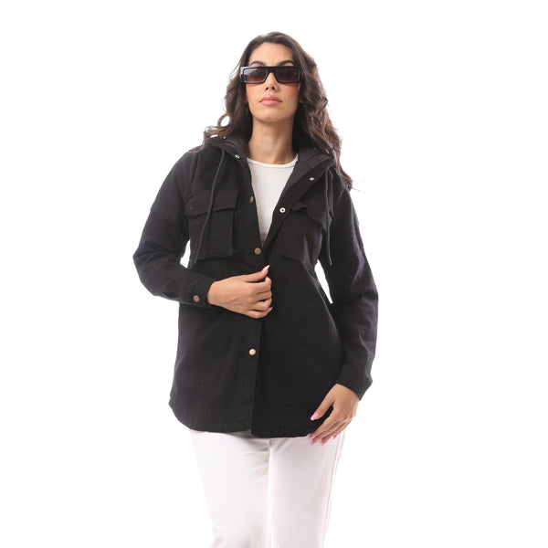 Polyester Buttoned Black Jacket With Pockets