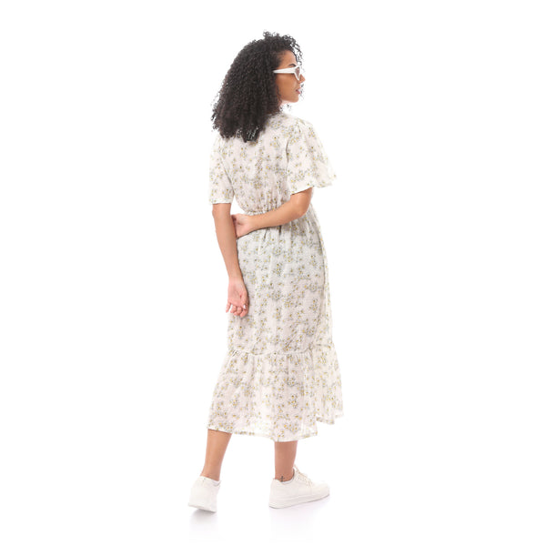 Floral _V-Neck_Midi_Dress_white