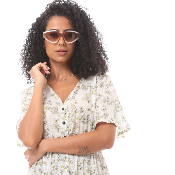 Floral _V-Neck_Midi_Dress_white