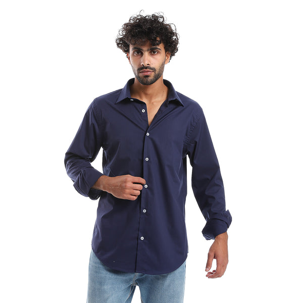 Plain Pattern Long Sleeves Buttons Down Shirt - Navy Blue