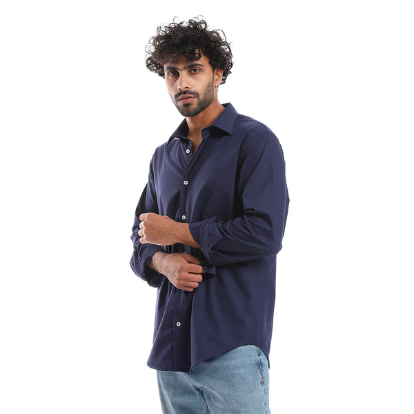 Plain Pattern Long Sleeves Buttons Down Shirt - Navy Blue