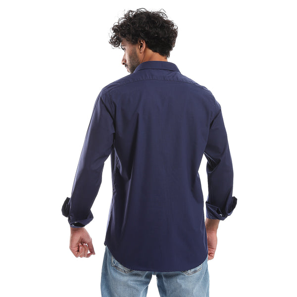 Plain Pattern Long Sleeves Buttons Down Shirt - Navy Blue