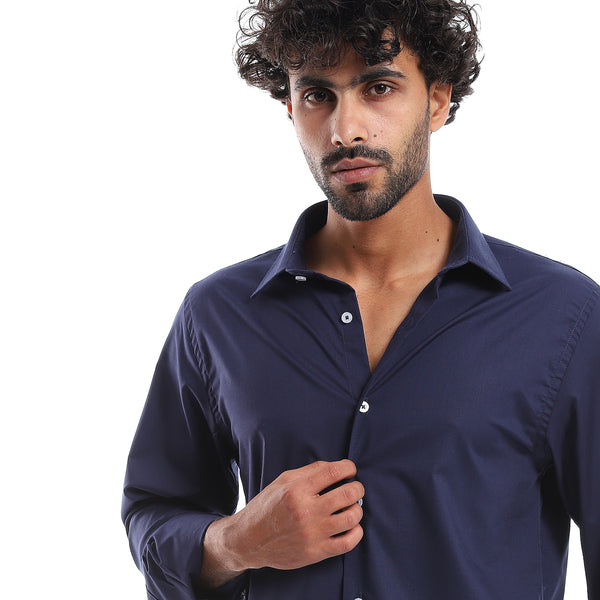 Plain Pattern Long Sleeves Buttons Down Shirt - Navy Blue