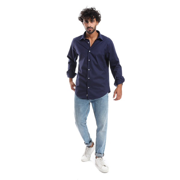 Plain Pattern Long Sleeves Buttons Down Shirt - Navy Blue