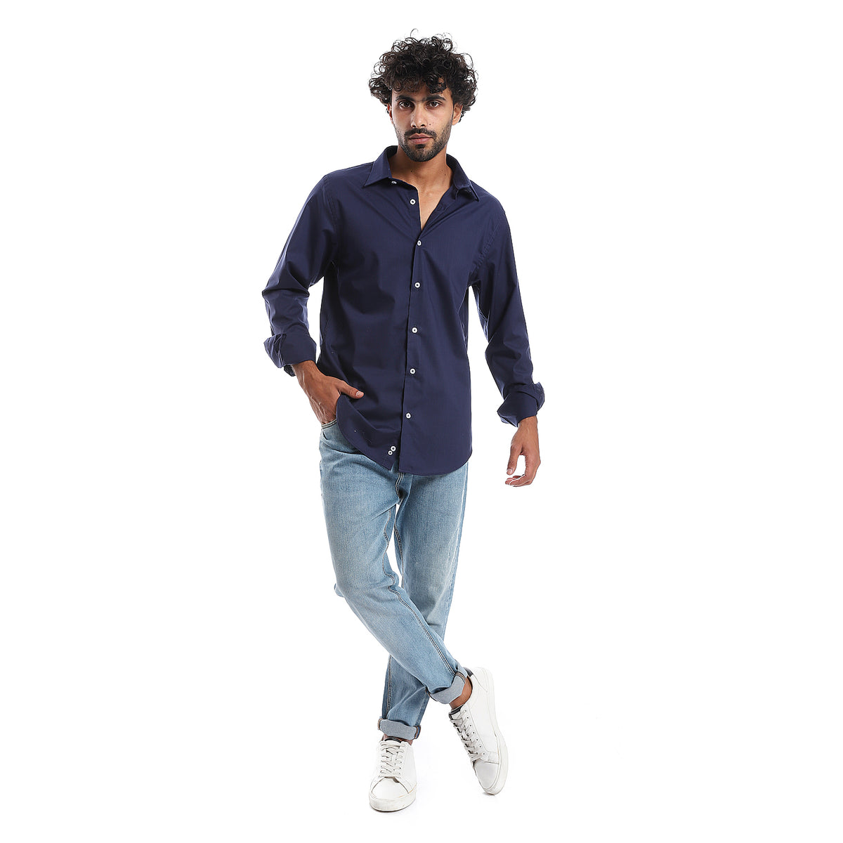 Plain Pattern Long Sleeves Buttons Down Shirt - Navy Blue – Andora