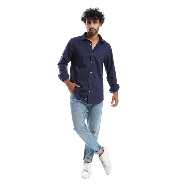 Plain Pattern Long Sleeves Buttons Down Shirt - Navy Blue