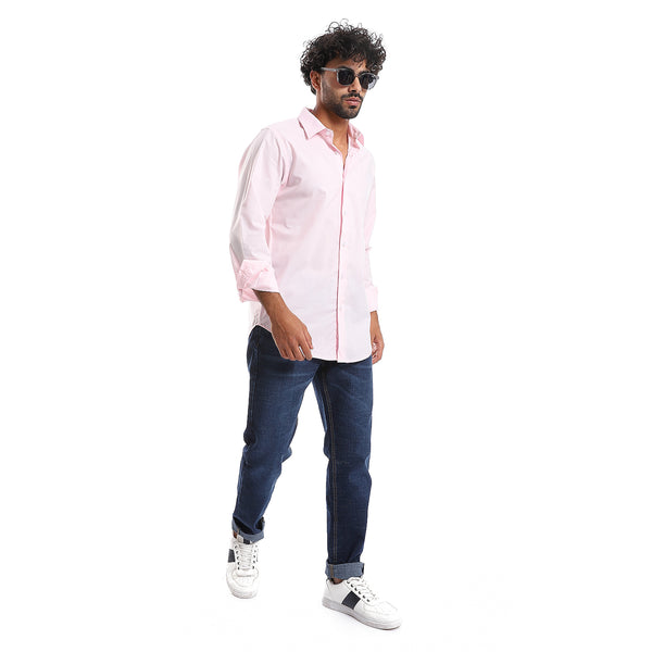 Plain Pattern Long Sleeves Buttons Down Shirt - Rose Pink