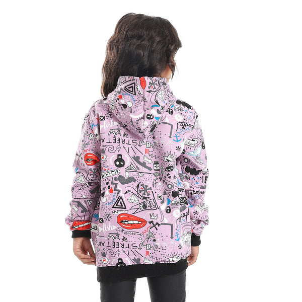 Slip On Self Pattern Girls Hoodie - Purple, Black & White