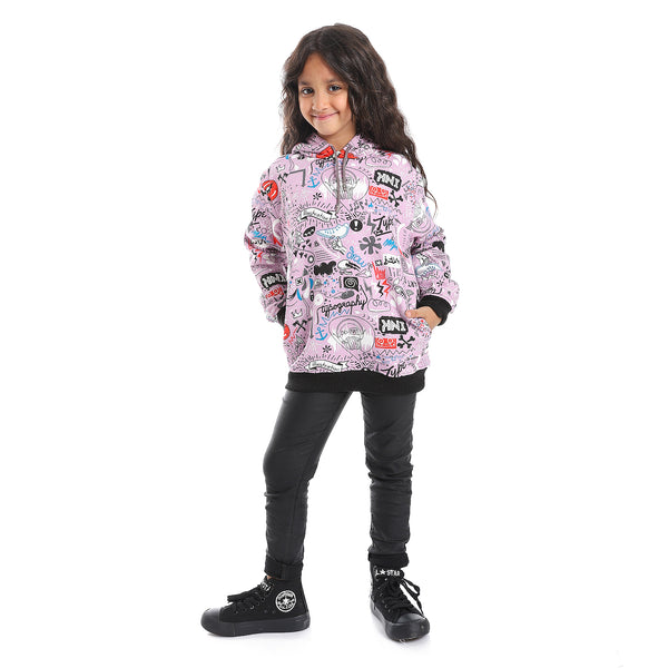 Slip On Self Pattern Girls Hoodie - Purple, Black & White