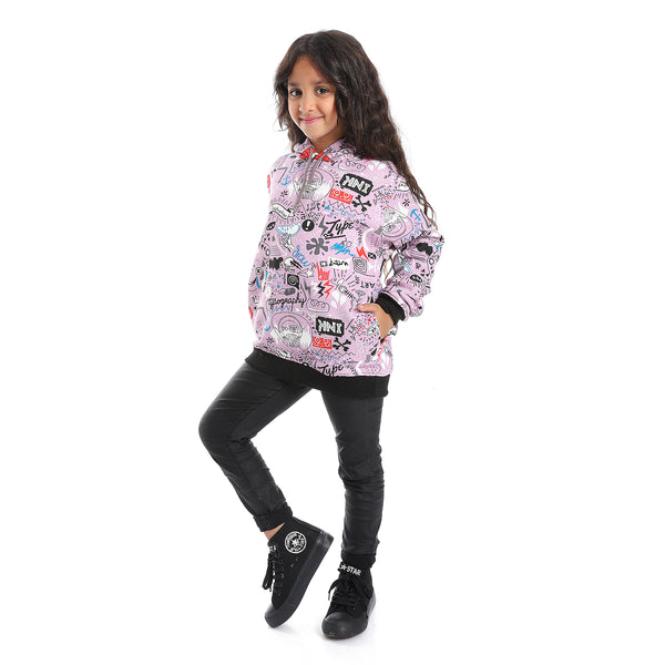 Slip On Self Pattern Girls Hoodie - Purple, Black & White