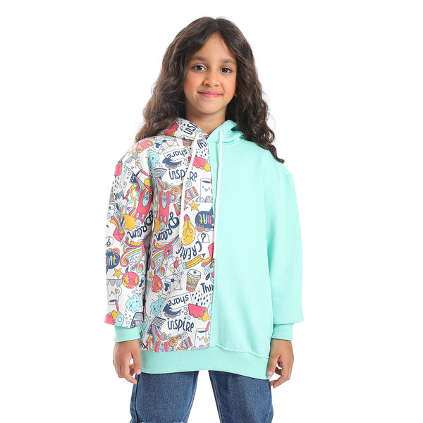 Regular Fit Multi-Pattern Girls Hoodie - Mint Green, White, Fuchsia