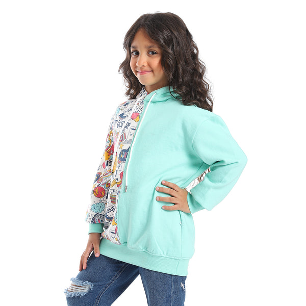 Regular Fit Multi-Pattern Girls Hoodie - Mint Green, White, Fuchsia