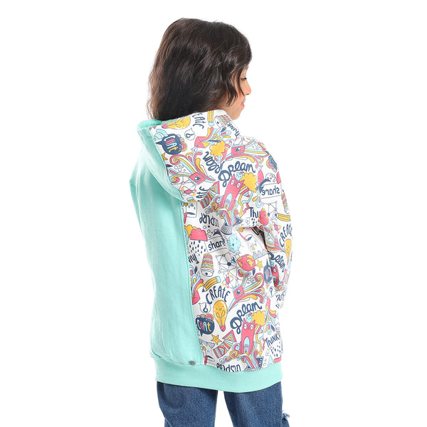 Regular Fit Multi-Pattern Girls Hoodie - Mint Green, White, Fuchsia