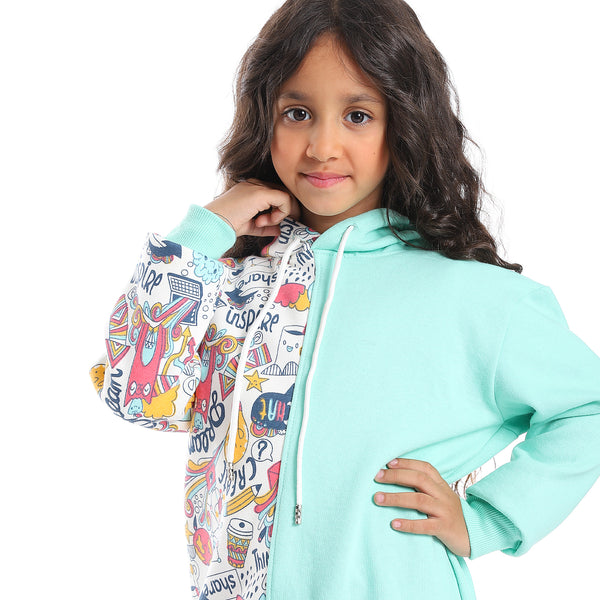 Regular Fit Multi-Pattern Girls Hoodie - Mint Green, White, Fuchsia