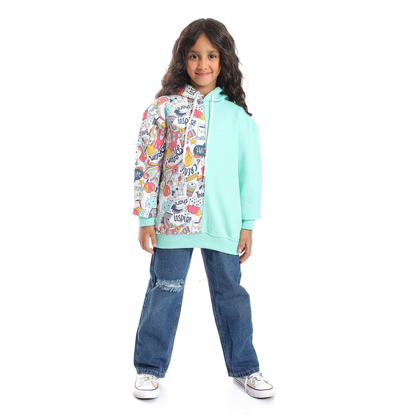 Regular Fit Multi-Pattern Girls Hoodie - Mint Green, White, Fuchsia