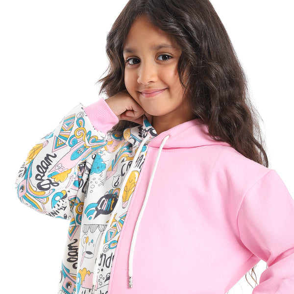 Regular Fit Multi-Pattern Girls Hoodie - Rose Pink, White, Yellow