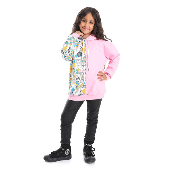 Regular Fit Multi-Pattern Girls Hoodie - Rose Pink, White, Yellow