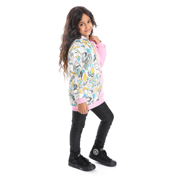 Regular Fit Multi-Pattern Girls Hoodie - Rose Pink, White, Yellow