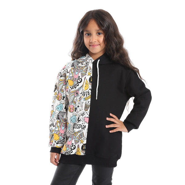 Regular Fit Multi-Pattern Girls Hoodie - Black, White, Pink