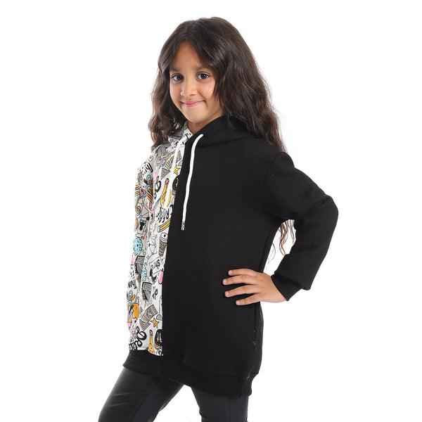 Regular Fit Multi-Pattern Girls Hoodie - Black, White, Pink