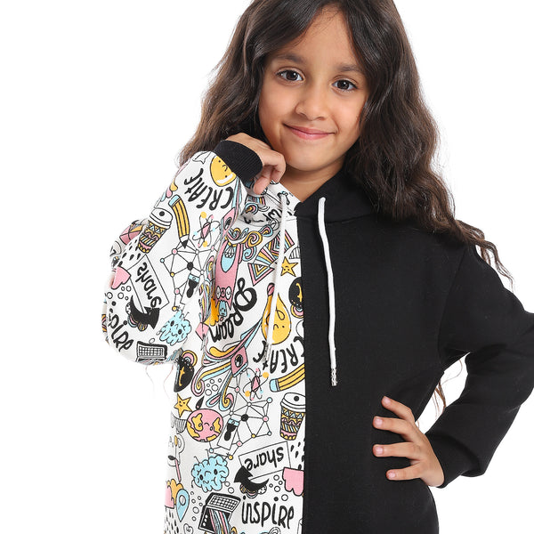 Regular Fit Multi-Pattern Girls Hoodie - Black, White, Pink