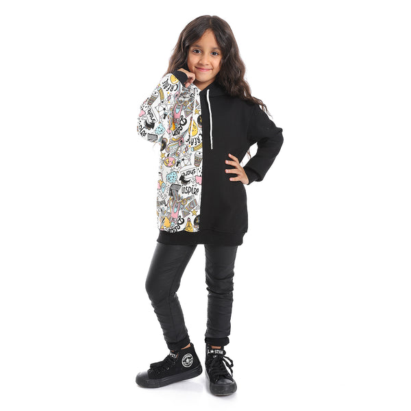 Regular Fit Multi-Pattern Girls Hoodie - Black, White, Pink