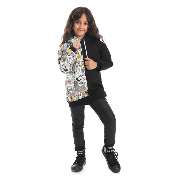 Regular Fit Multi-Pattern Girls Hoodie - Black, White, Pink