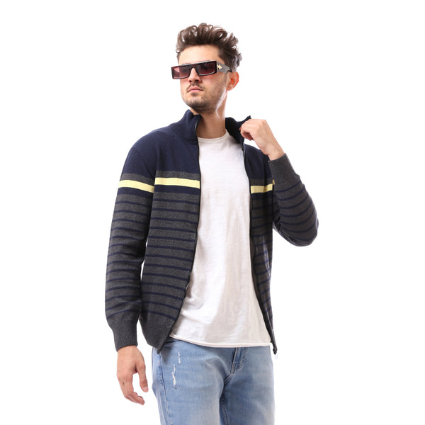 Fly Zipper Navy Blue Patterned Pullover