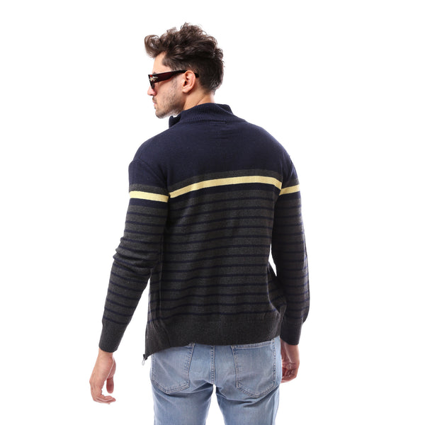 Fly Zipper Navy Blue Patterned Pullover