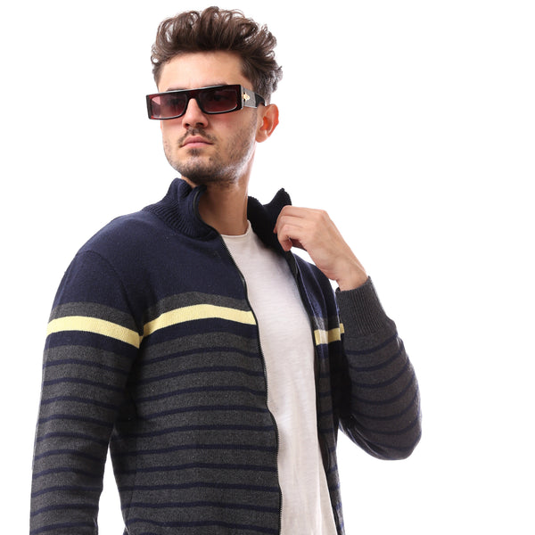 Fly Zipper Navy Blue Patterned Pullover