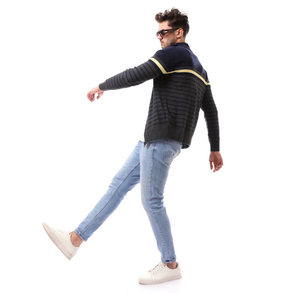 Fly Zipper Navy Blue Patterned Pullover