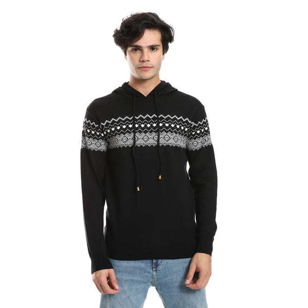 Self Pattern Long Sleeves Hooded Sweater - Black & Grey