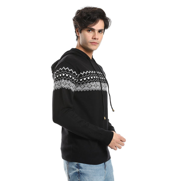 Self Pattern Long Sleeves Hooded Sweater - Black & Grey