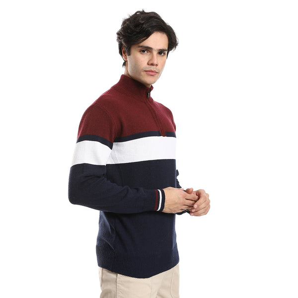 Long Sleeves High Neck Sweater - Burgundy, Navy Blue & White