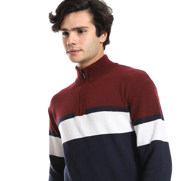 Long Sleeves High Neck Sweater - Burgundy, Navy Blue & White