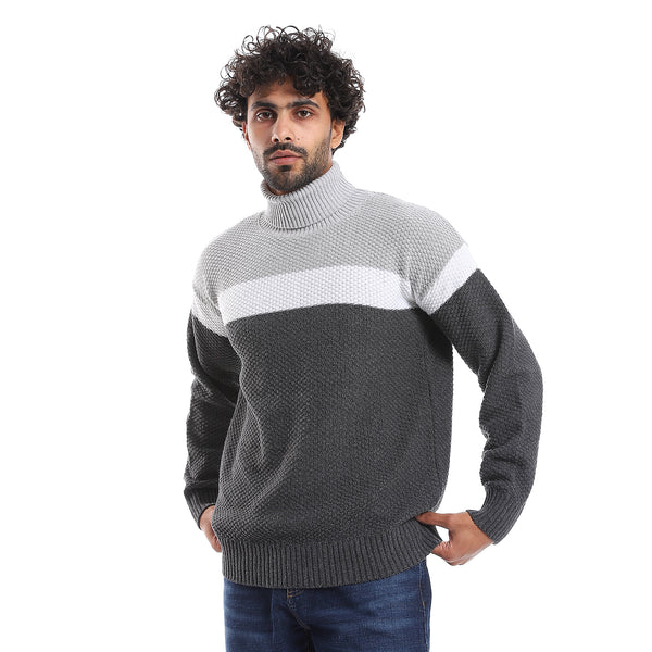 High Collar Long Sleeves Wool Pullover - White & Grey