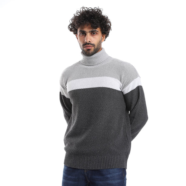 High Collar Long Sleeves Wool Pullover - White & Grey